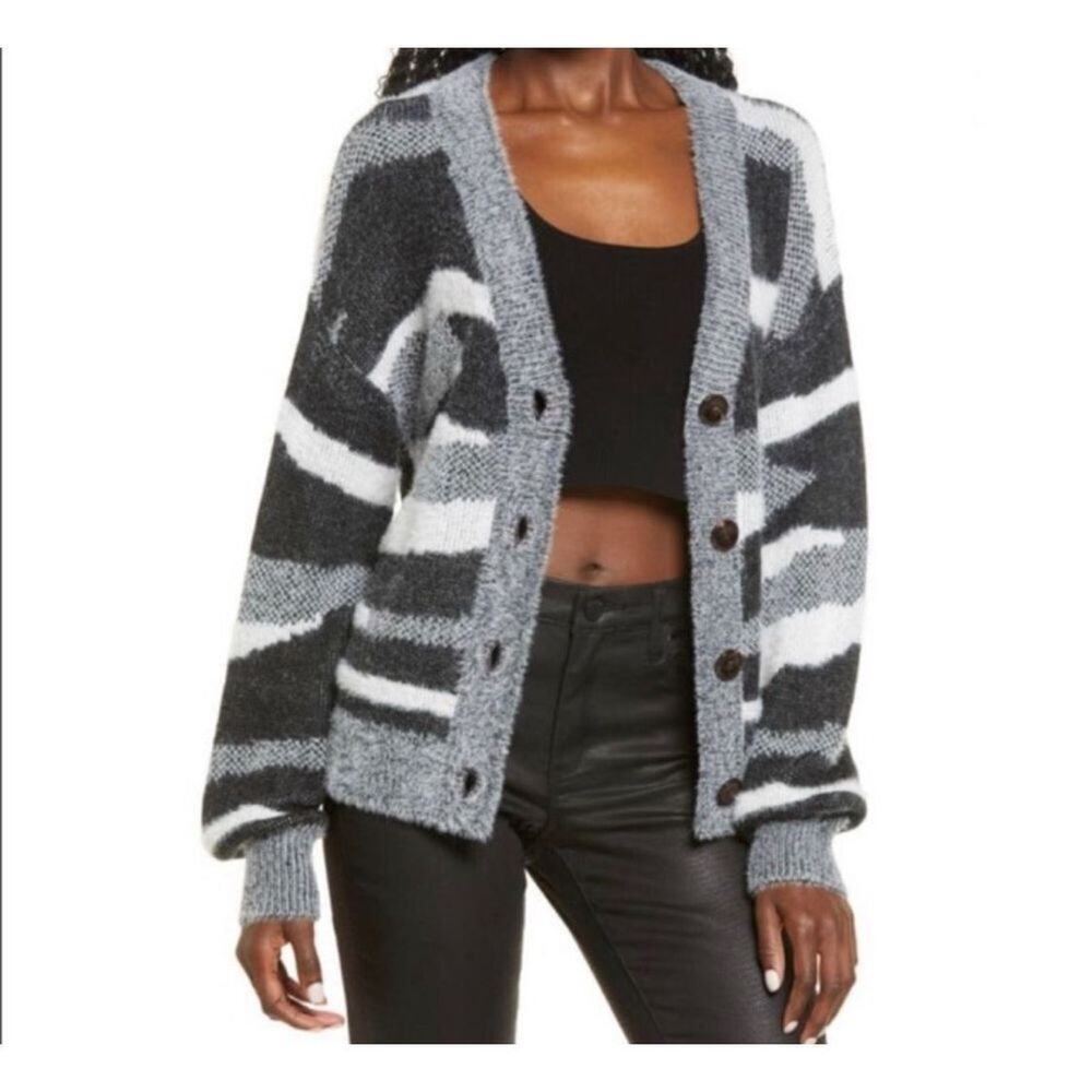 Leith Black Gray Zebra Knitted Jacquard V Neck Button Up Cardigan Sweater XS New